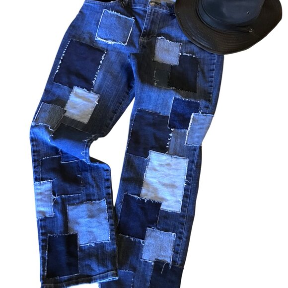 Upcycled Patchwork Jeans: Denim on Denim Patched Boho Hippie Jeans, Size 12M - Picture 11 of 13